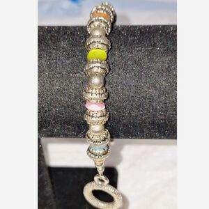 Bohemian Gemstone Cat's Eye Bracelet Detailed Silver Tone Beads Eclectic